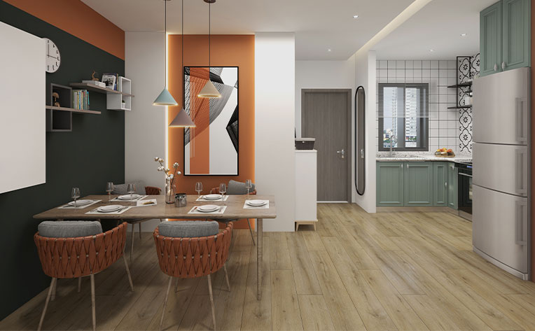 Retro inspired living room with warm toned luxury vinyl plank flooring