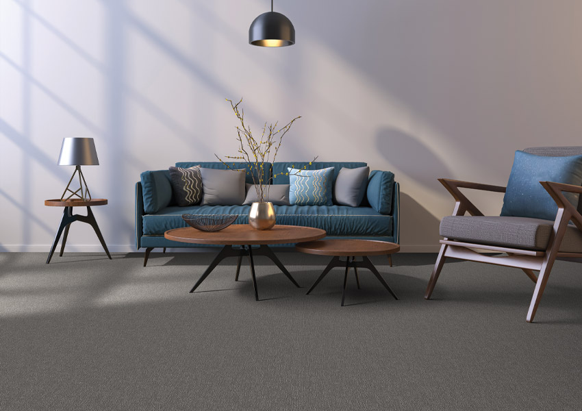 hypoallergenic grey carpet in living room with midcentury modern decor