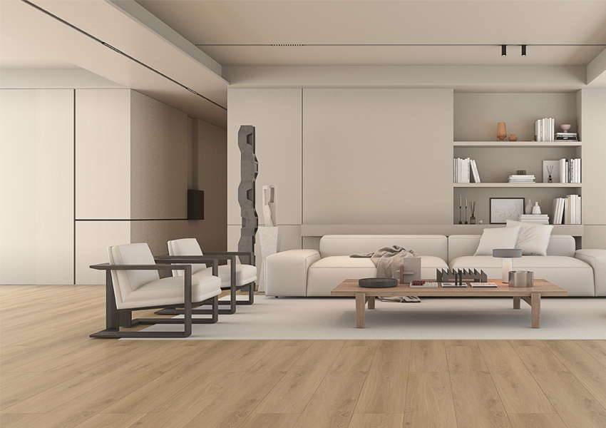 wood-look laminate flooring in living room with modern decor.
